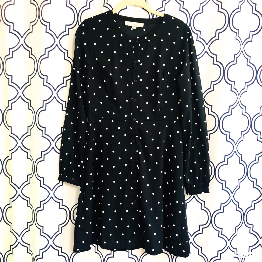 LOFT black dress white polka dots